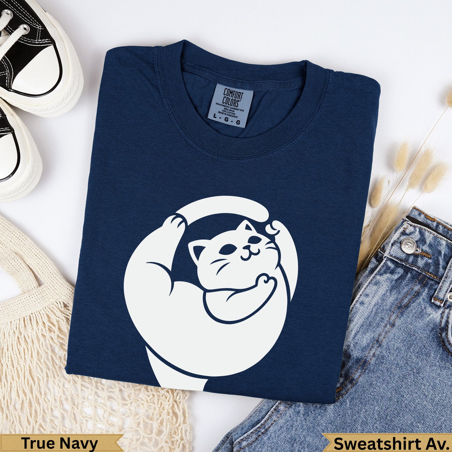 Navy Comfort Colors sweatshirt with a white cat graphic.