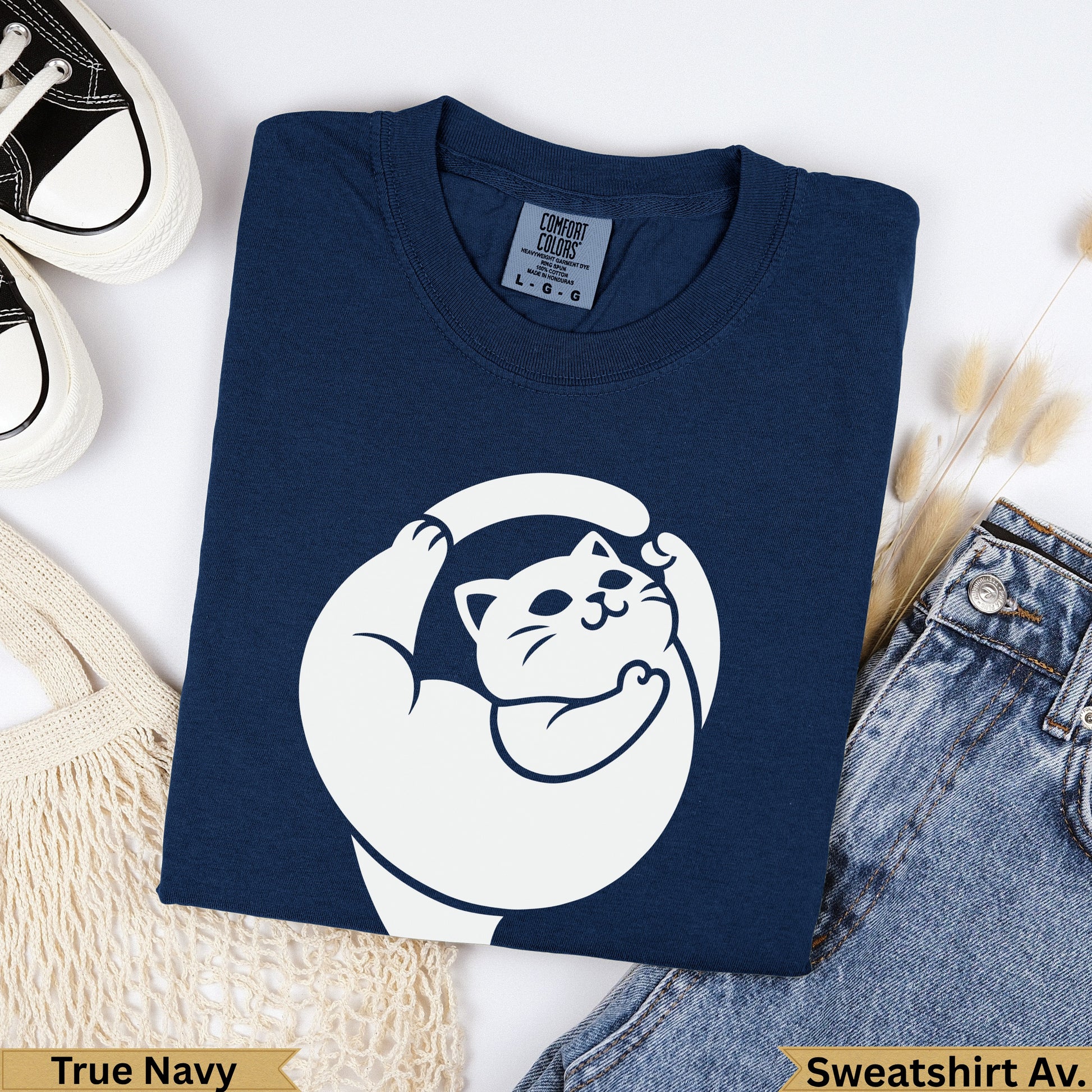Navy Comfort Colors sweatshirt with a white cat graphic.