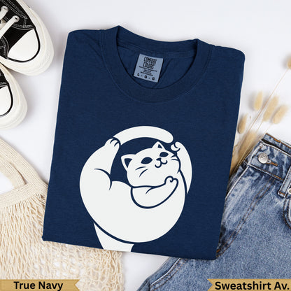 Navy Comfort Colors sweatshirt with a white cat graphic.