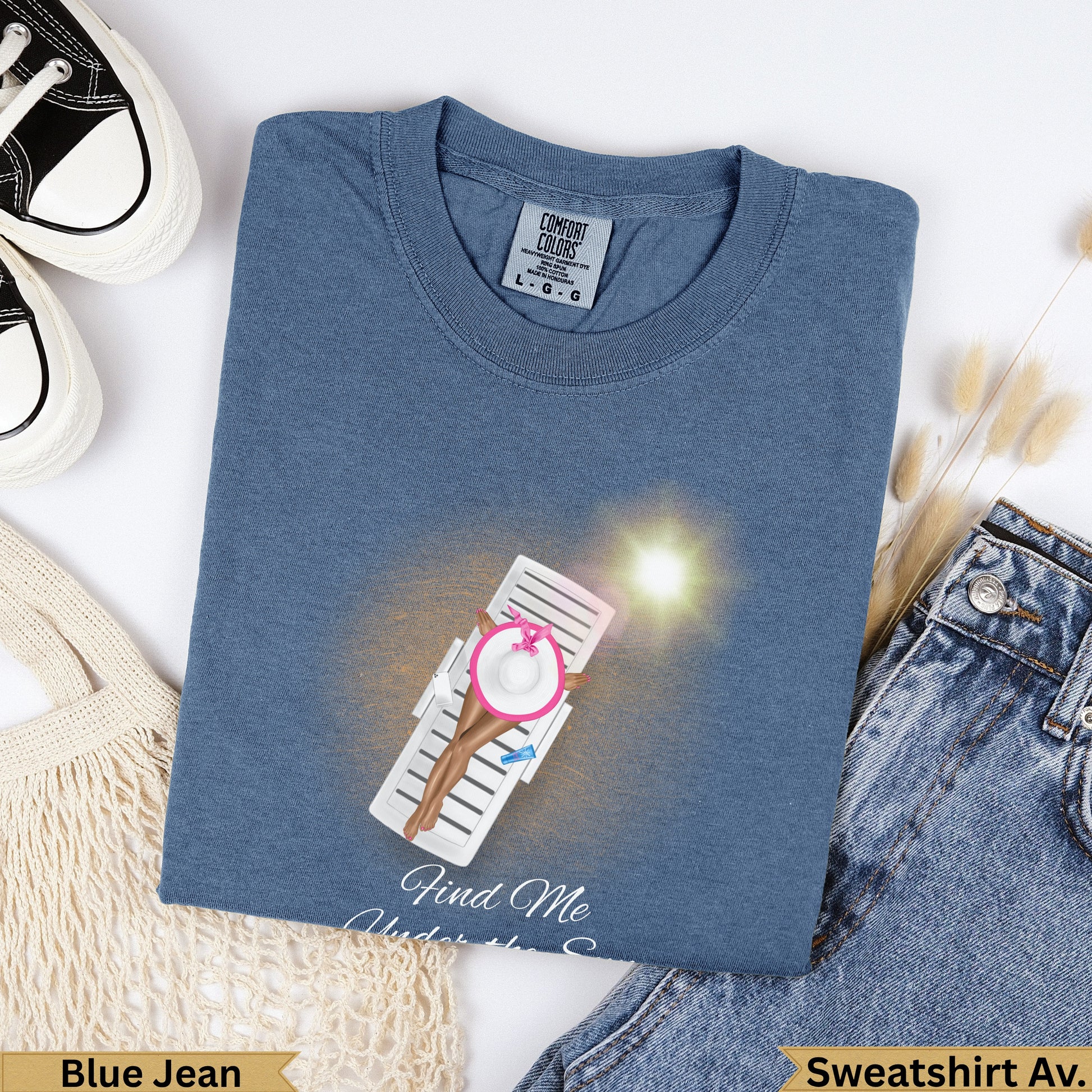 Blue Jean Comfort Colors sweatshirt with beach chair graphic and text "Find Me".