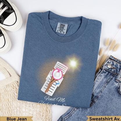 Blue Jean Comfort Colors sweatshirt with beach chair graphic and text "Find Me".