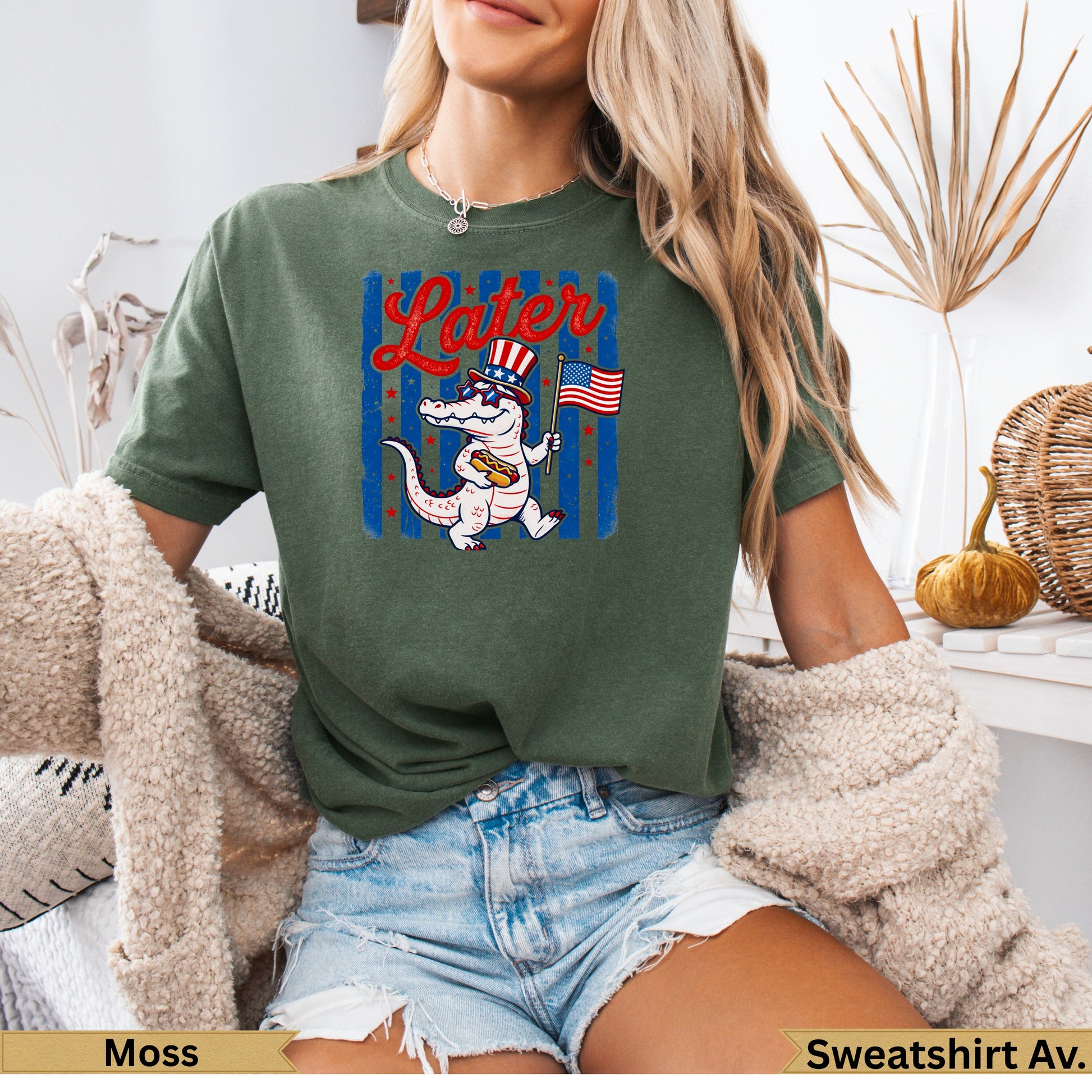 Alligator in Uncle Sam hat holding American flag, "Later" text.