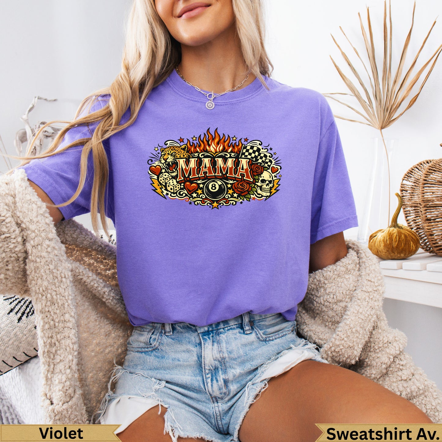 Purple graphic t-shirt with "Mama" text, flames, dice, roses, and checkered flag.