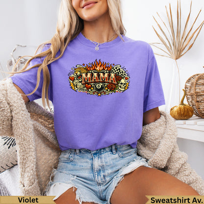 Purple graphic t-shirt with "Mama" text, flames, dice, roses, and checkered flag.