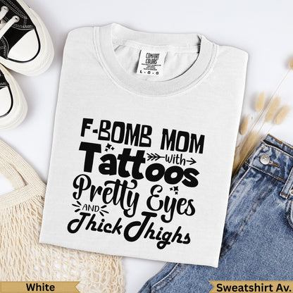 White Comfort Colors t-shirt with "F-BOMB MOM" text.