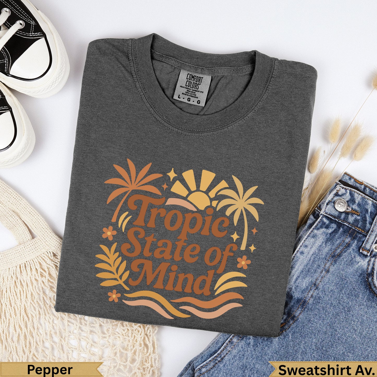 Dark gray t-shirt with "Tropic State of Mind" graphic and palm trees.