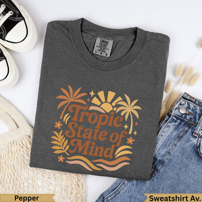Dark gray t-shirt with "Tropic State of Mind" graphic and palm trees.