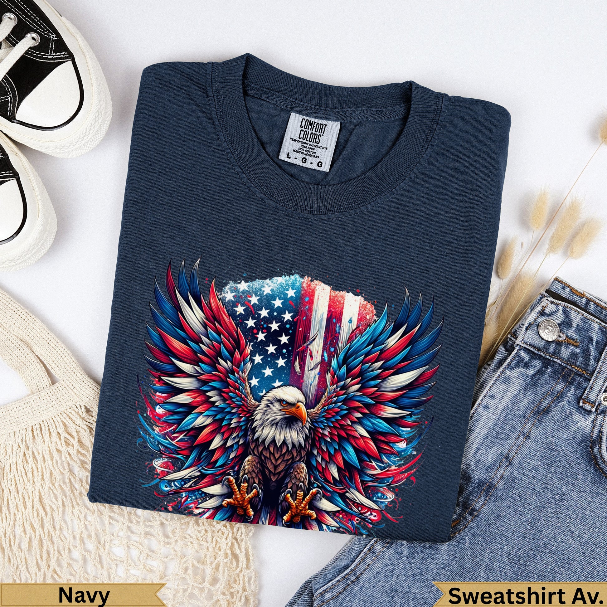 Navy crewneck sweatshirt with eagle, American flag wings, and text.