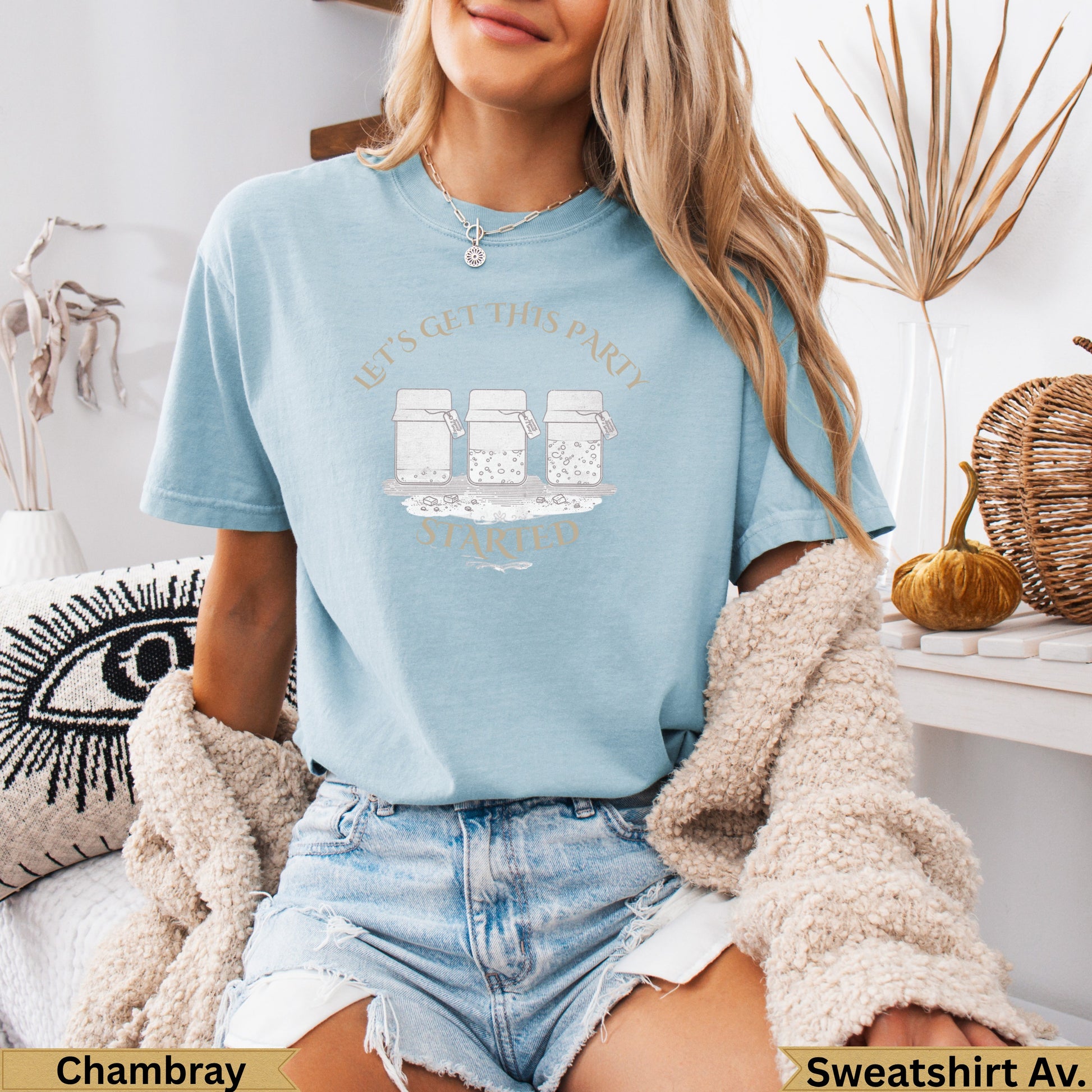 Light blue t-shirt with "Let's Get This Party Started" text and jar graphics.