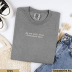 Grey Comfort Colors sweatshirt with "my cat and i have discussed this" text.