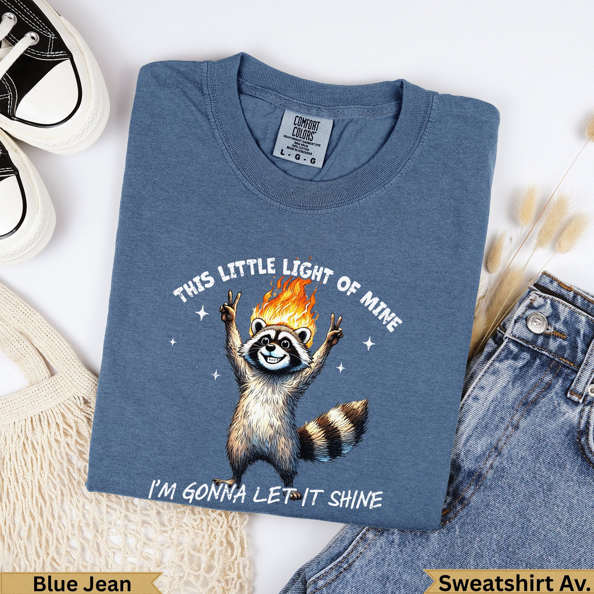 Blue Jean t-shirt with raccoon graphic and text: "This Little Light of Mine I'm Gonna Let It Shine."