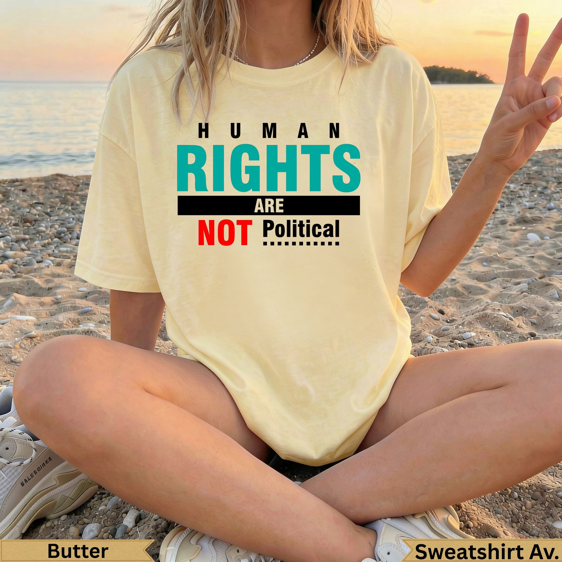 Yellow t-shirt with "Human Rights Are Not Political" text.