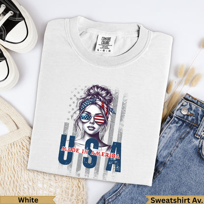 White USA graphic sweatshirt with woman wearing sunglasses and bandana.