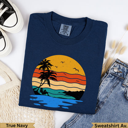 Navy crewneck sweatshirt with vintage sunset graphic.