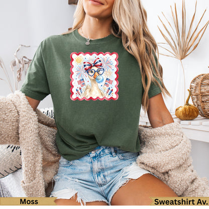 Green t-shirt with patriotic llama graphic and fireworks.