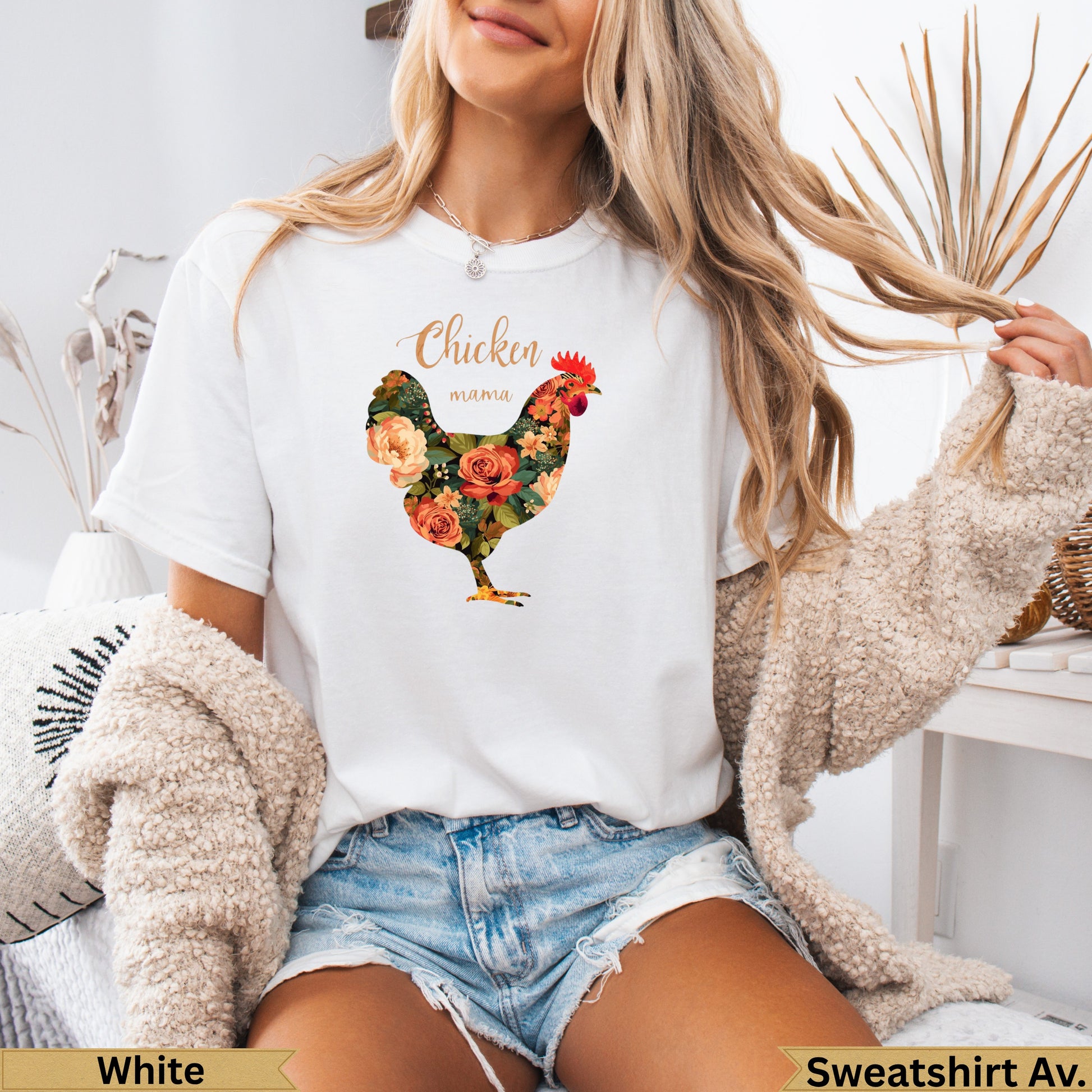 White chicken mama t-shirt with floral design.