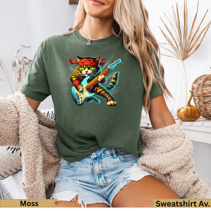 T-shirt graphic of a cool cat wearing a bandana, playing a red electric guitar.
