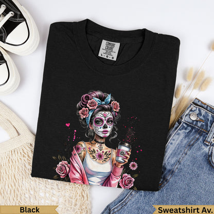 Black t-shirt with a sugar skull woman illustration holding a coffee cup.