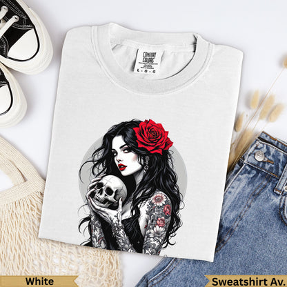 White t-shirt with tattoo art of woman holding skull and red rose.