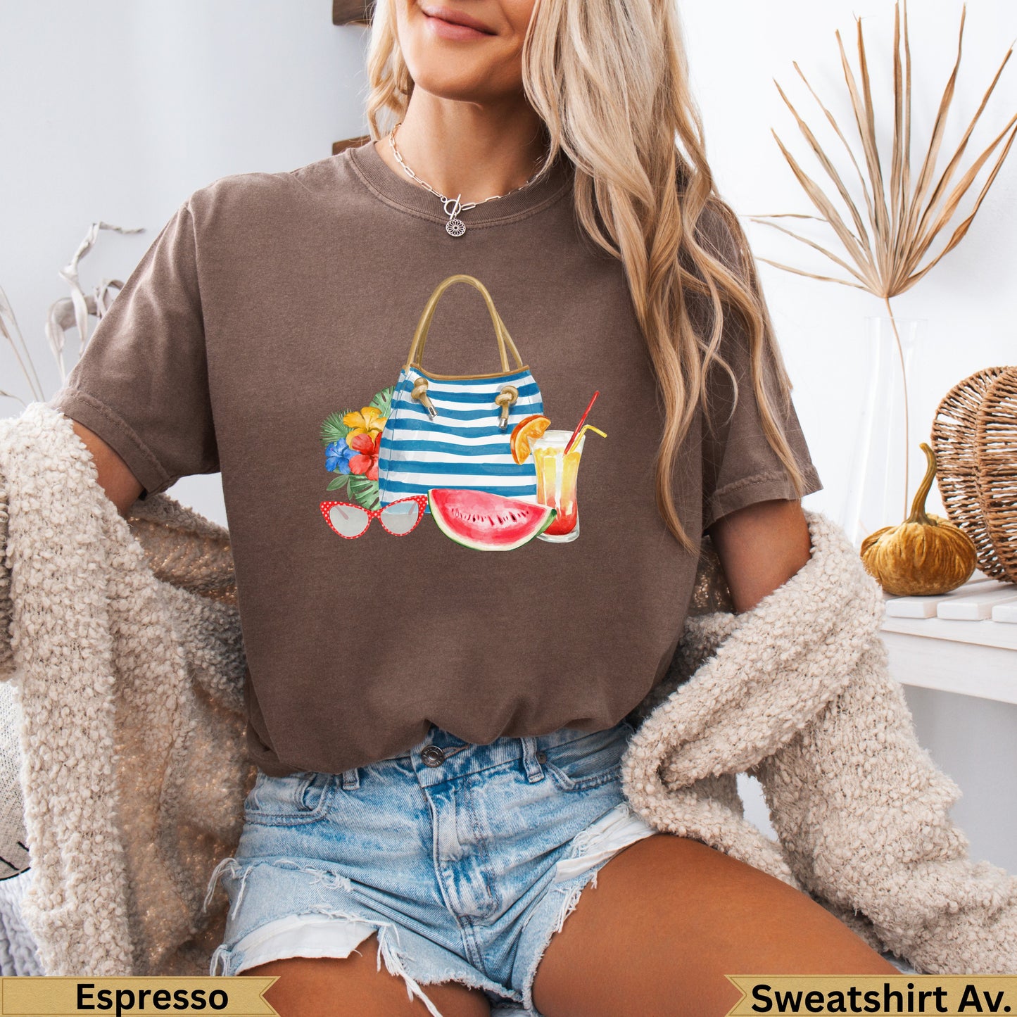 Brown t-shirt with beach bag, watermelon, and sunglasses graphic.