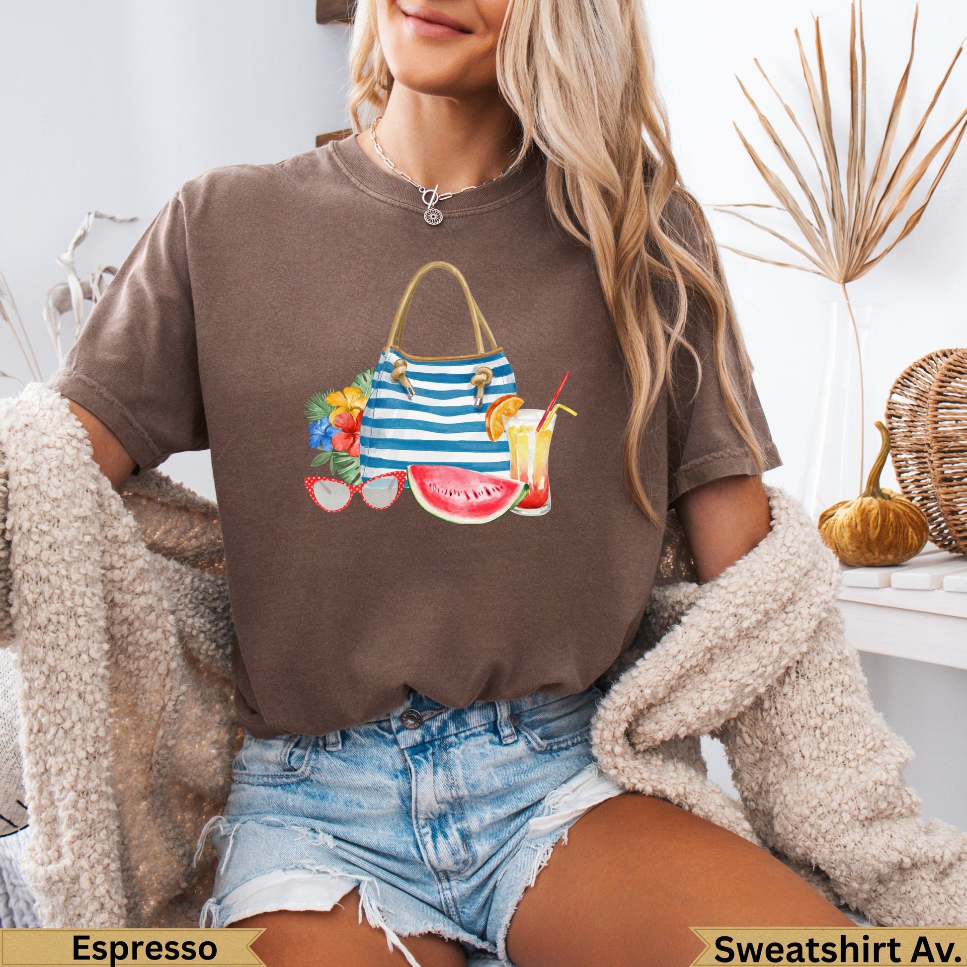 Brown t-shirt with beach bag, watermelon, and sunglasses graphic.