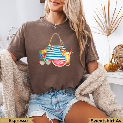 Brown t-shirt with beach bag, watermelon, and sunglasses graphic.