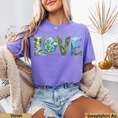 Purple t-shirt with "LOVE" text art, featuring a globe and nature elements.