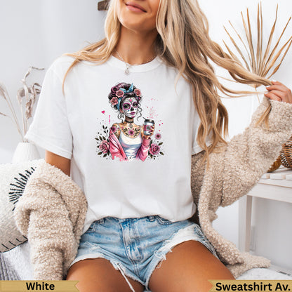 White t-shirt with sugar skull girl illustration, holding coffee, pink jacket.