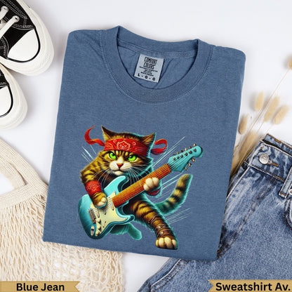 Blue Jean sweatshirt with a cat wearing a bandana playing a guitar.