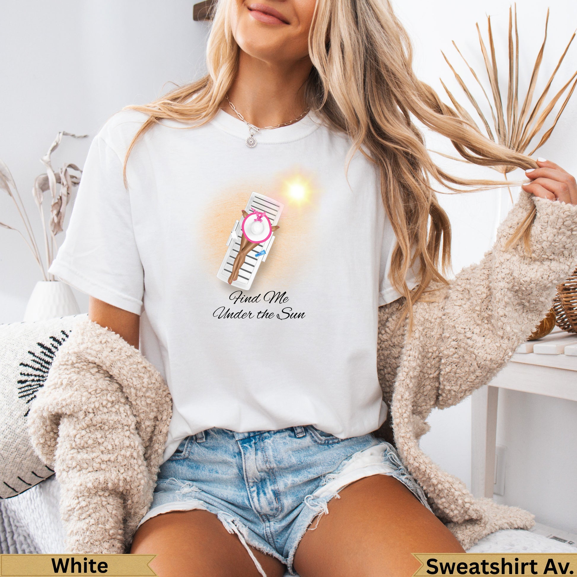 White t-shirt with "Find Me Under the Sun" text and a lounge chair graphic.