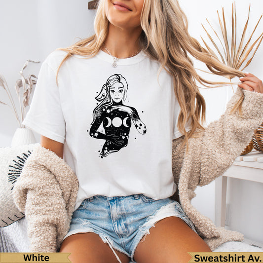 White t-shirt with celestial woman and moon graphic, text "Sweatshirt Av."