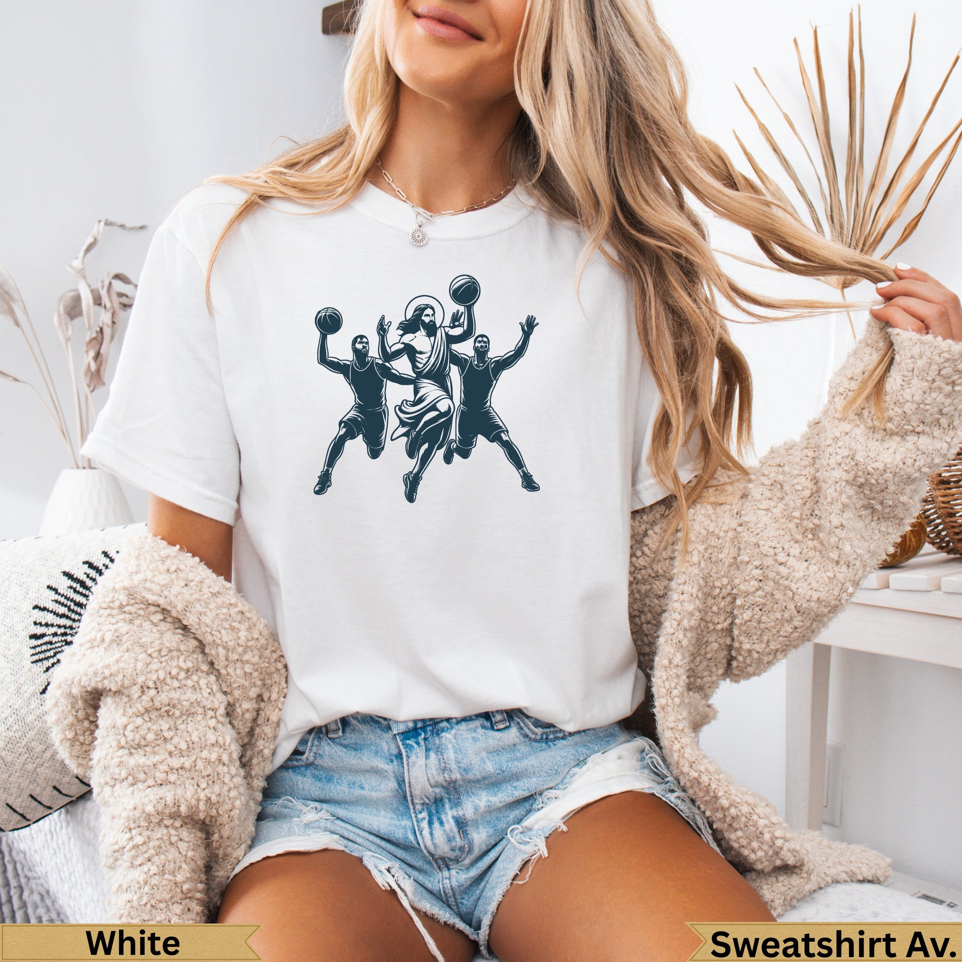 Jesus playing basketball with two men on a white t-shirt.