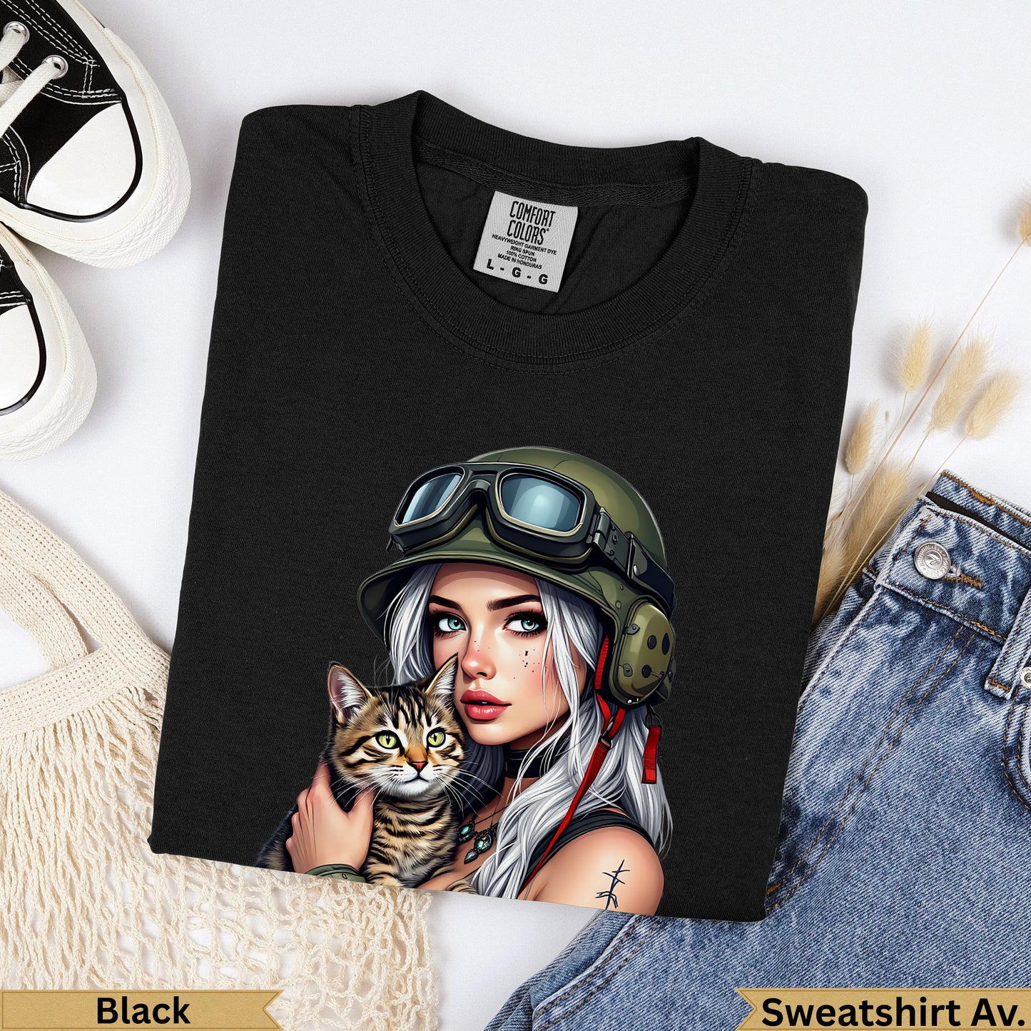 Black Comfort Colors t-shirt with military-themed woman holding a cat.