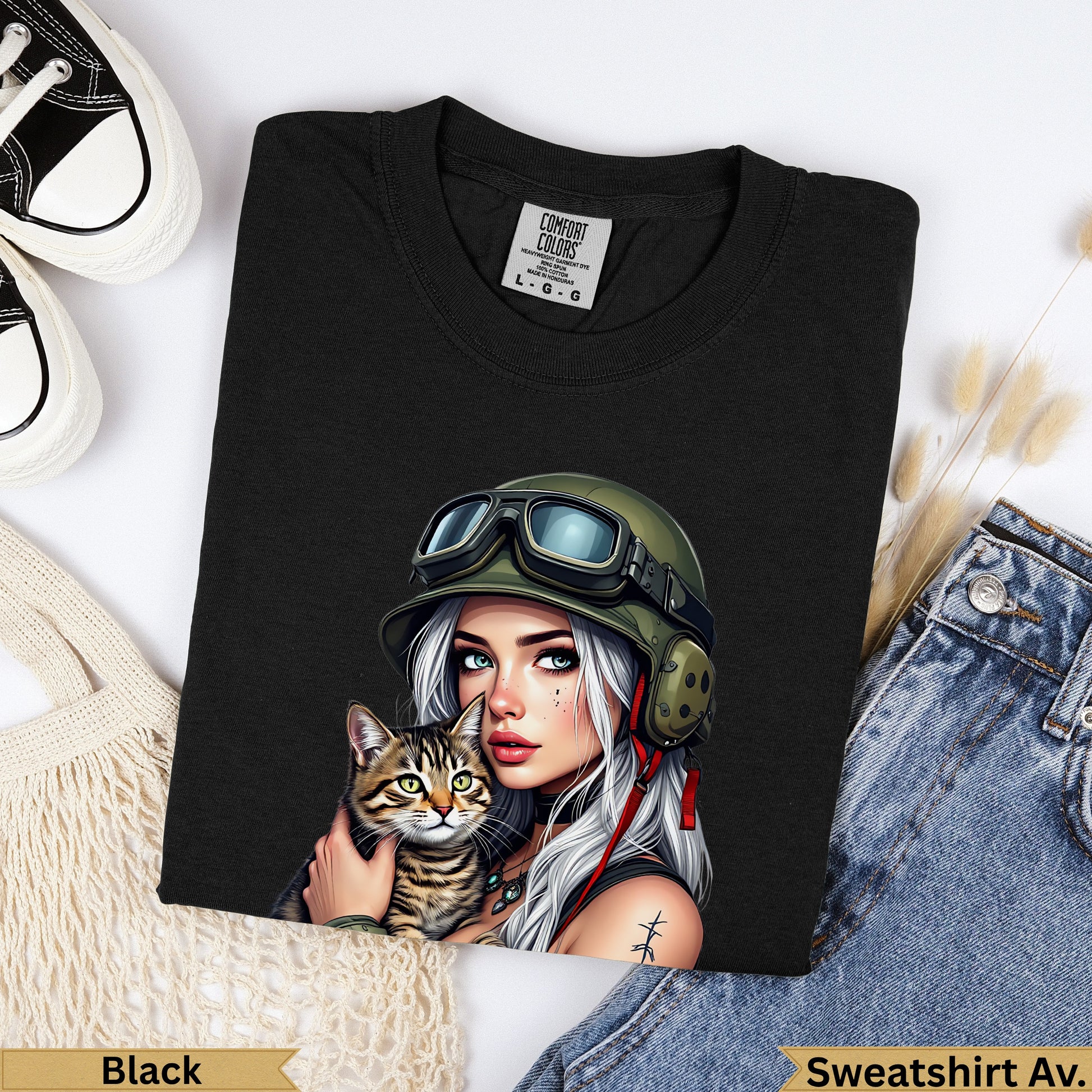 Black Comfort Colors t-shirt with military-themed woman holding a cat.