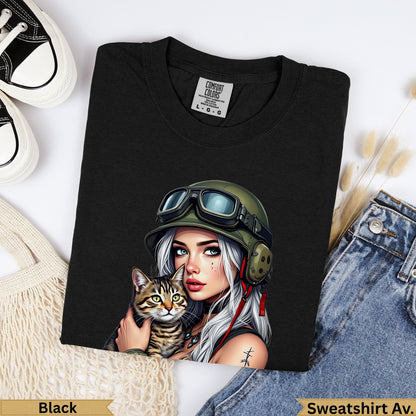 Black Comfort Colors t-shirt with military-themed woman holding a cat.