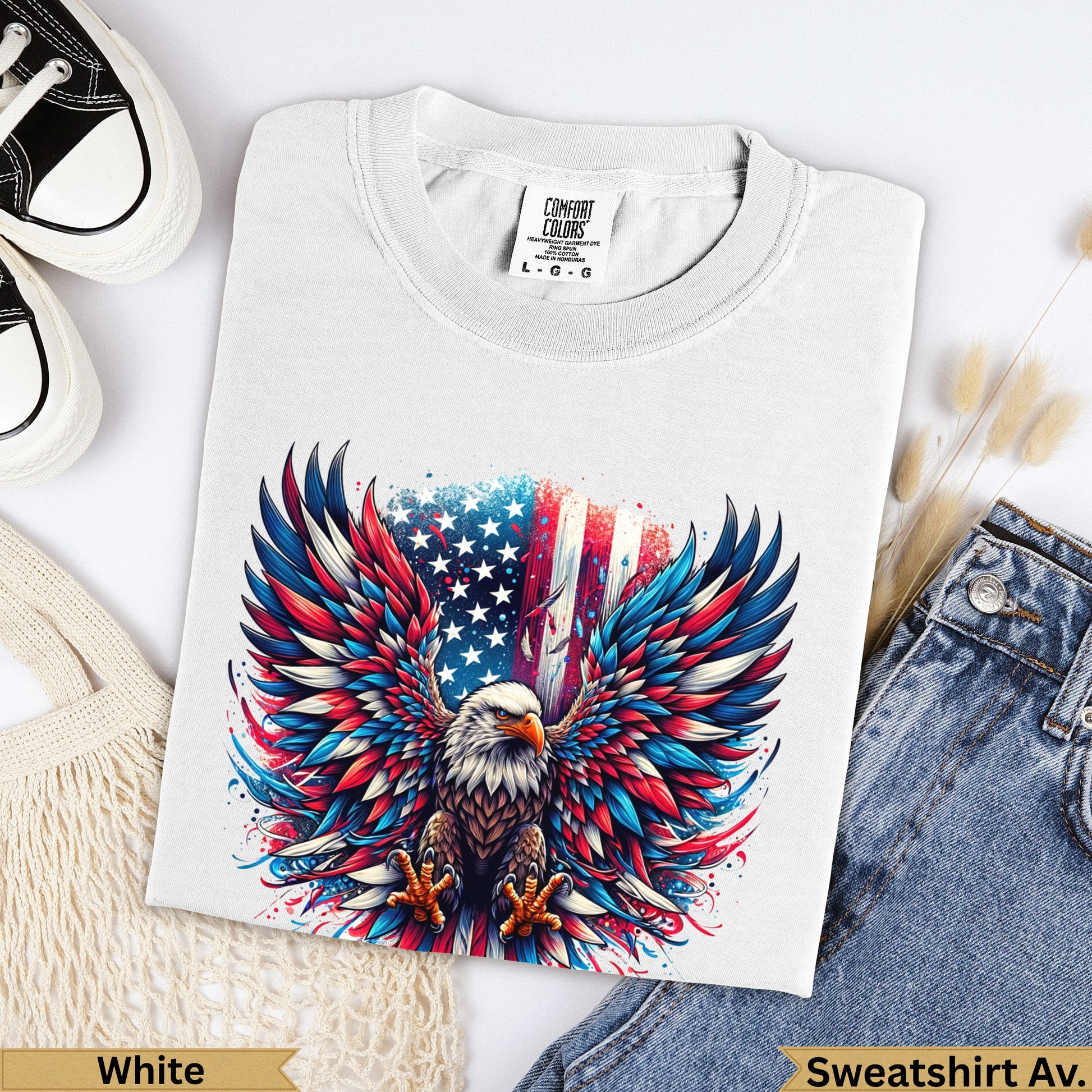White t-shirt with an eagle and American flag graphic, "White Sweatshirt Av." text.