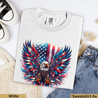 White t-shirt with an eagle and American flag graphic, "White Sweatshirt Av." text.