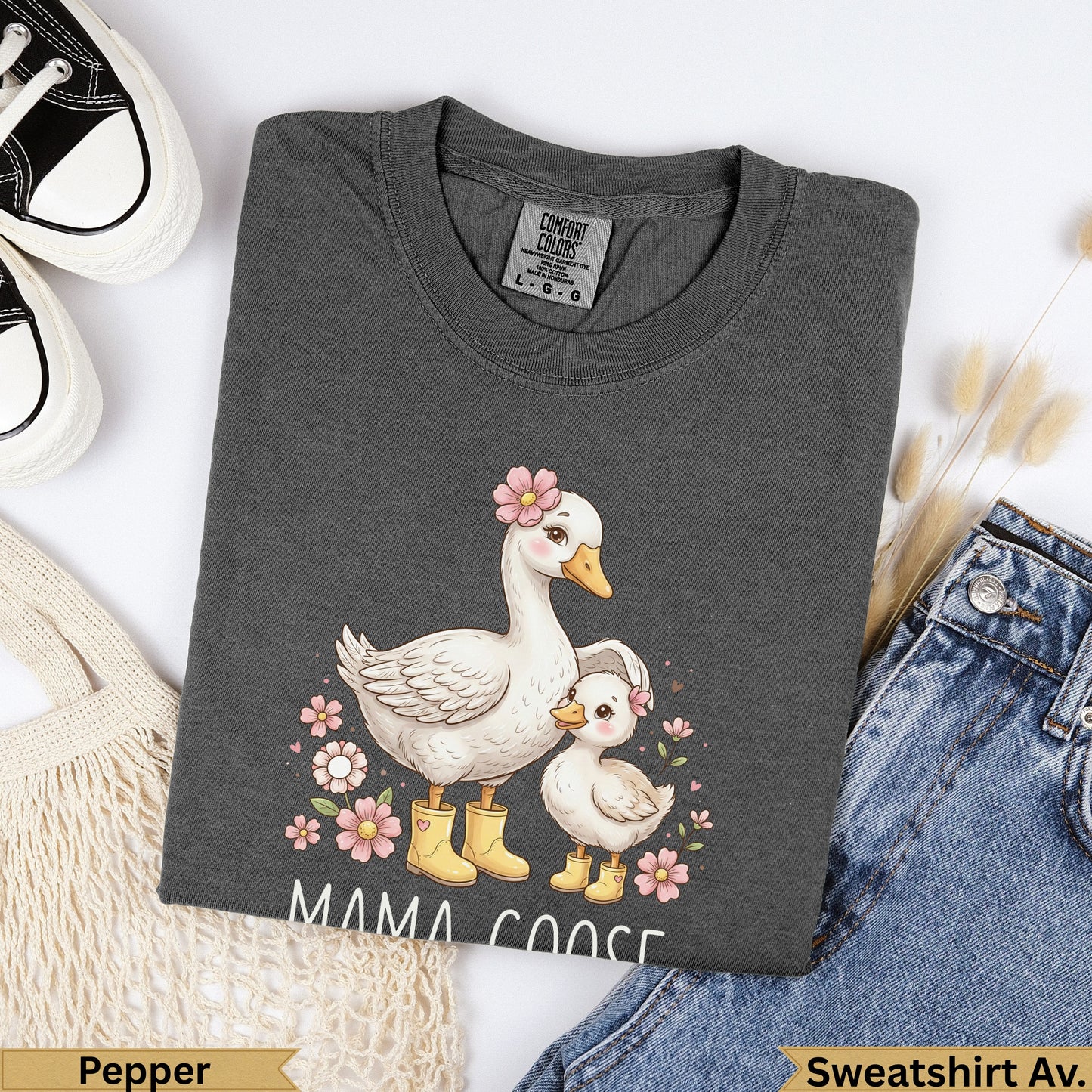 Dark grey sweatshirt with "Mama Goose" graphic of a mother goose and baby.