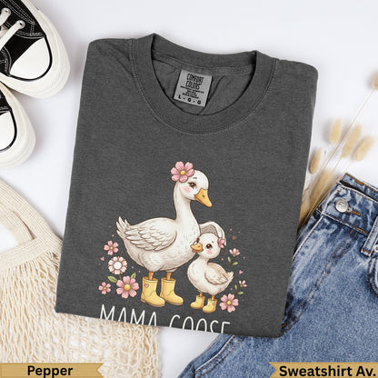 Dark grey sweatshirt with "Mama Goose" graphic of a mother goose and baby.