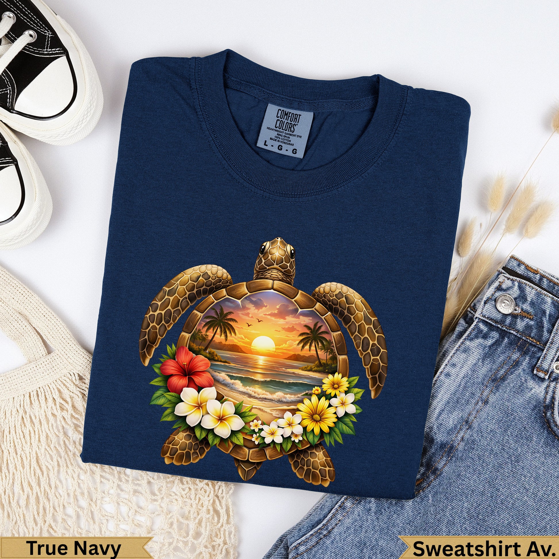 Navy sweatshirt featuring a sea turtle graphic with a beach sunset scene.