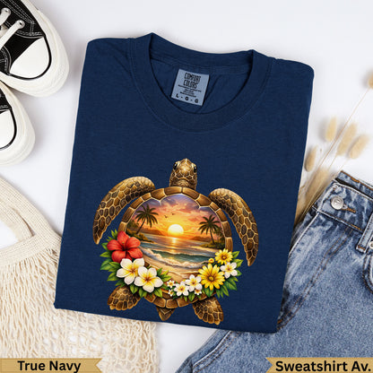Navy sweatshirt featuring a sea turtle graphic with a beach sunset scene.