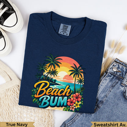 Navy blue crewneck sweatshirt with "Beach Bum" text and tropical scene graphic.