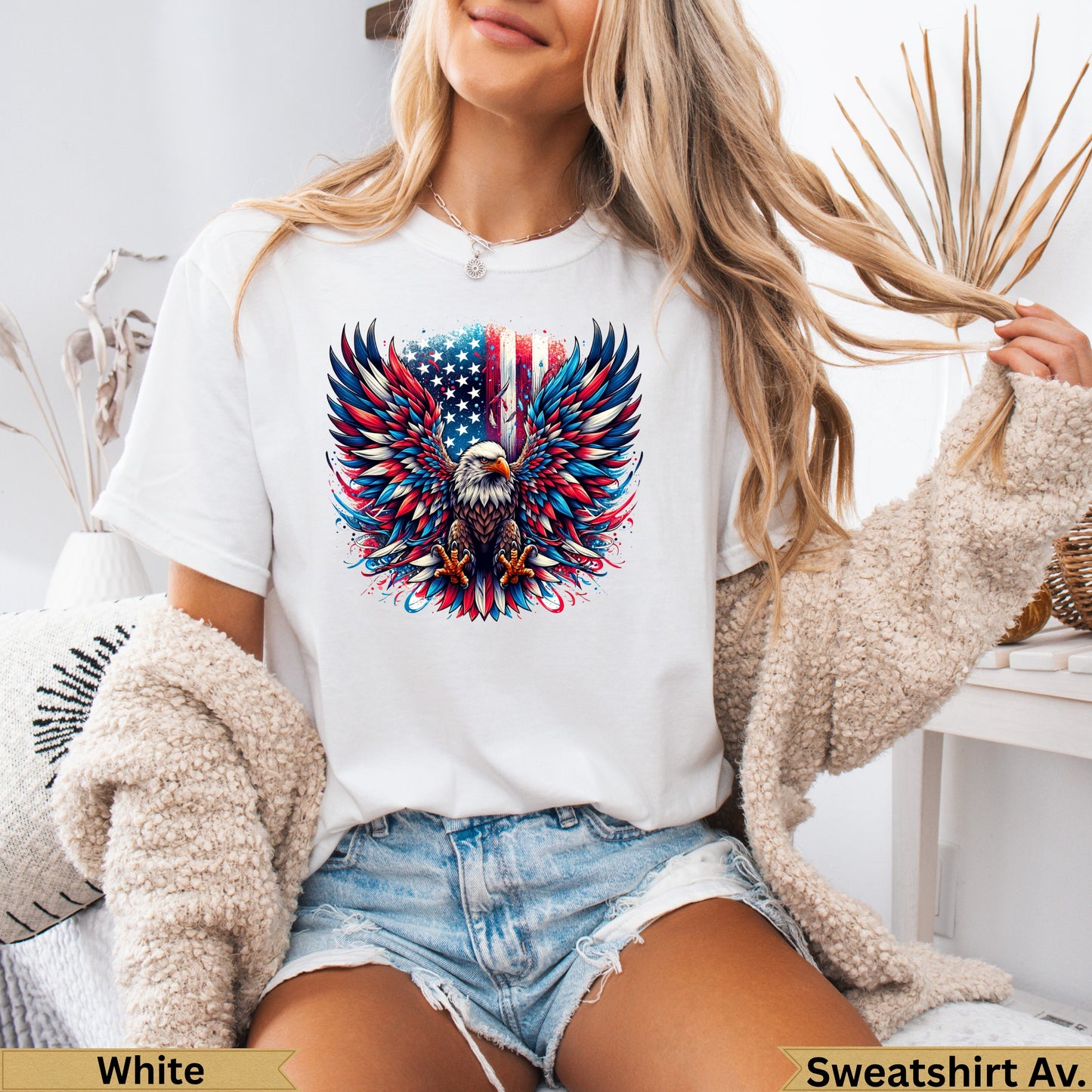 White t-shirt with eagle and American flag graphic.