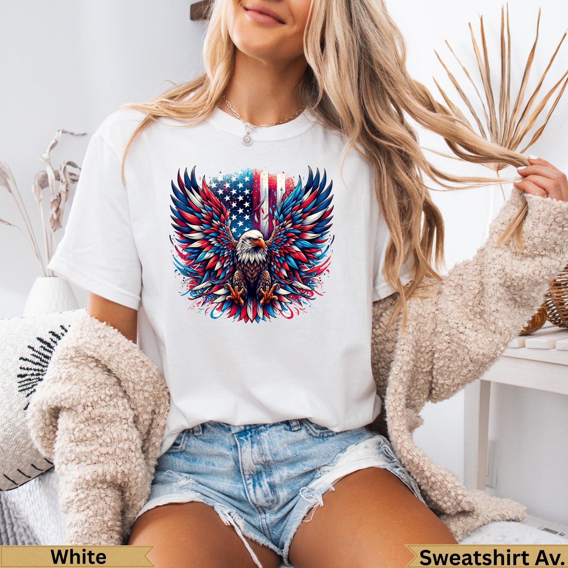 White t-shirt with eagle and American flag graphic.