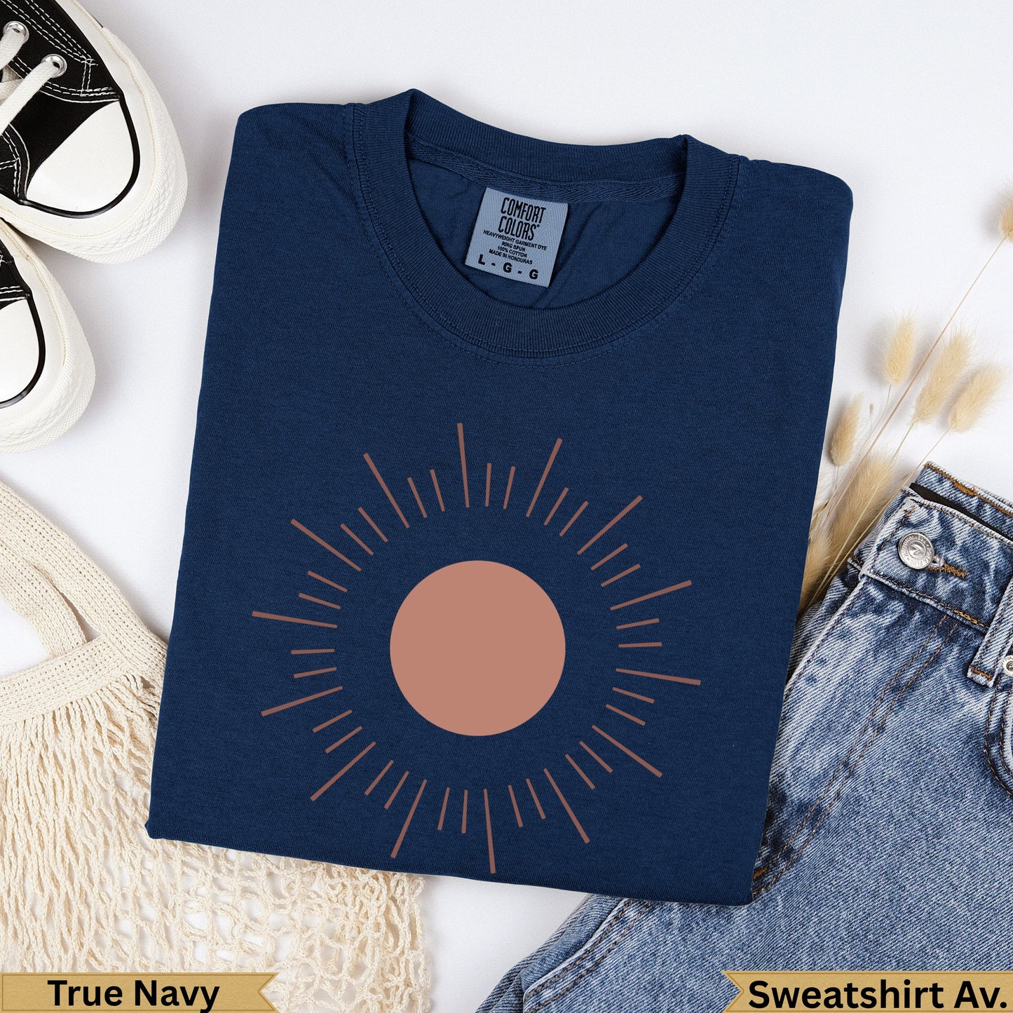 Navy blue Comfort Colors sweatshirt with sun graphic and "True Navy" text.