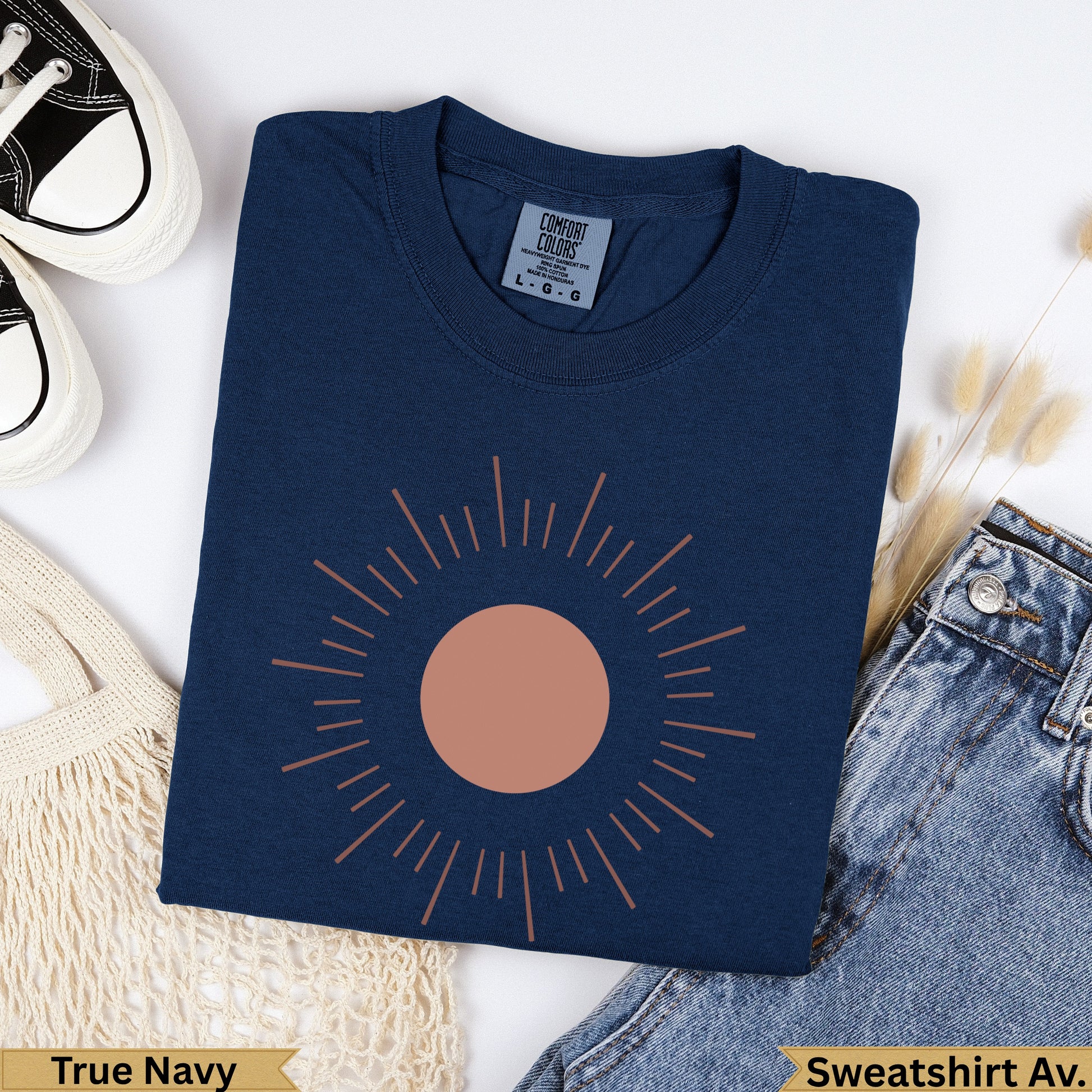 Navy blue Comfort Colors sweatshirt with sun graphic and "True Navy" text.