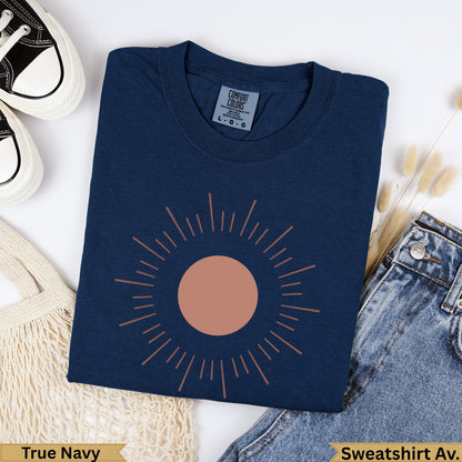 Navy blue Comfort Colors sweatshirt with sun graphic and "True Navy" text.