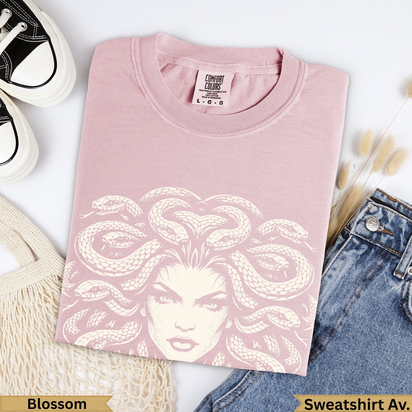 Comfort Colors Blossom pink t-shirt with Medusa graphic and text.