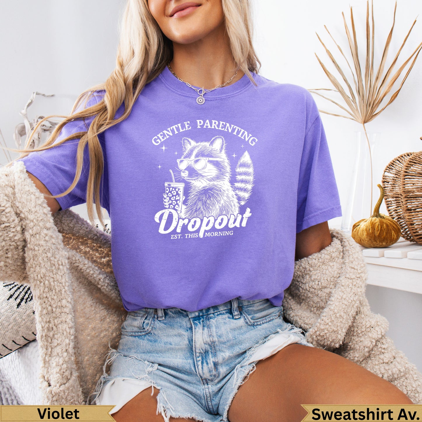 Purple t-shirt with a raccoon drinking coffee and "Gentle Parenting" text.