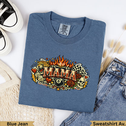 Blue Jean Comfort Colors sweatshirt with "MAMA" graphic featuring skulls, roses, and a checkered flag.